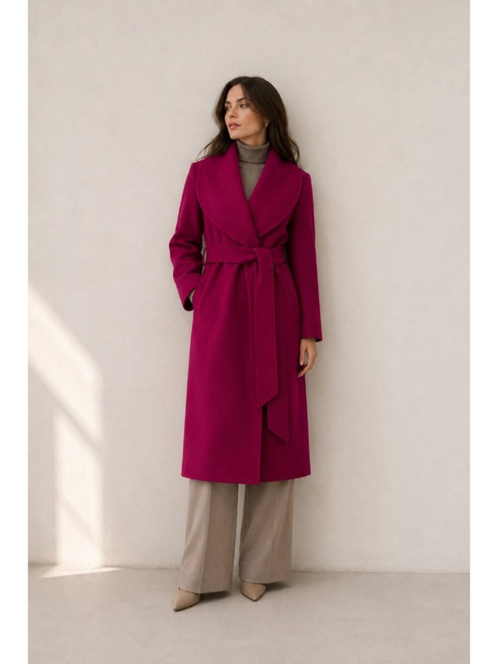 Amberleaf Hooded Wool Cashmere Wrap Coat Women’s Size 12 Pink Belted Long Coat